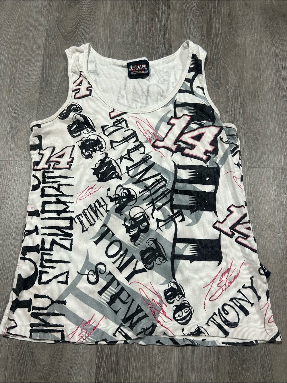 White Chase Authentics Tony Stewart #14 all-over print ribbed tank top Sz L